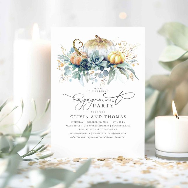 Convites Pumpkins Suculenta Festa de noivado verde (Greenery and Pumpkins Fall Engagement Party Invitations)