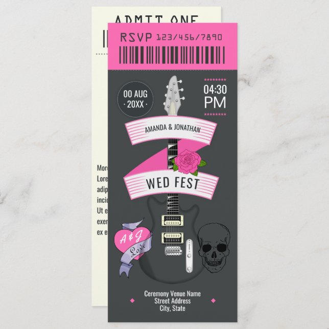 Convites Punk Romance Rock ’n’ Roll Wedding Ticket (Frente/Verso)