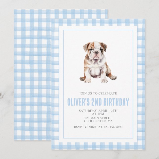 Convites Puppy bulldog preppy plaid birthday (Frente/Verso)