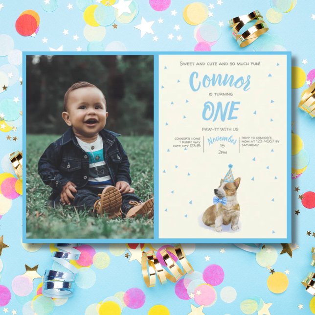 Convites Puppy 🐶 Corgi Boys Primeira Foto De Festa de aniv (Puppy 🐶 Corgi Boys First Birthday Party Photo Invitation)