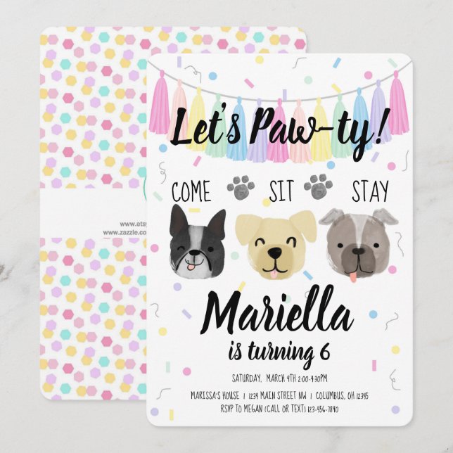 Convites Puppy Dog Girl Birthday Pawty (Frente/Verso)