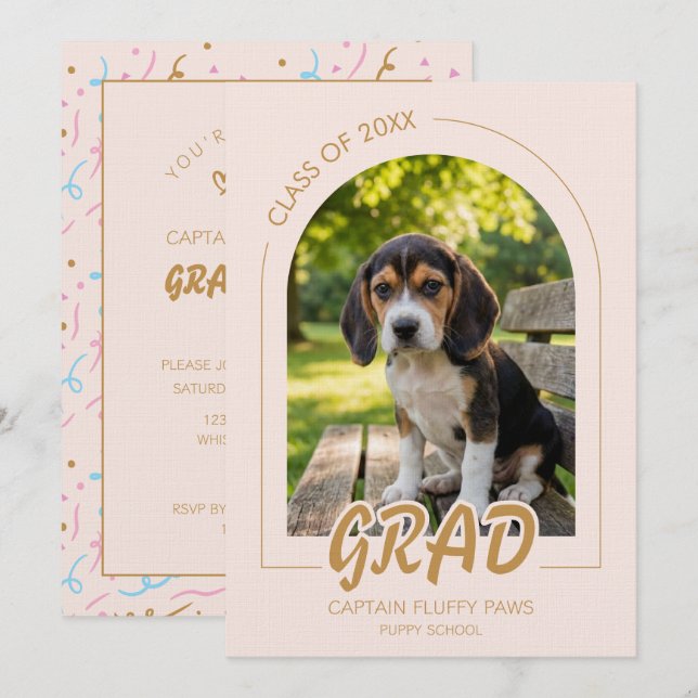 Convites Puppy Graduation Blush Pink Gold Modern Photos (Frente/Verso)