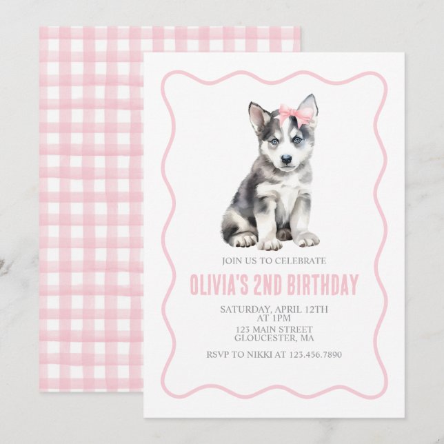 Convites Puppy husky preppy plaid birthday invitation (Frente/Verso)