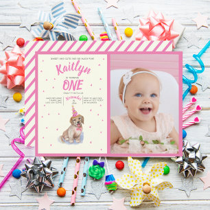 Convites Puppy 🐶 Labrador Rosa Primeiro Aniversário Foto