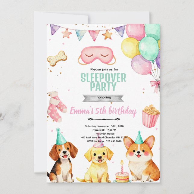 Convites Puppy Sleepover birthday Party Invitation (Frente)