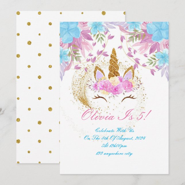 CONVITES PÚPULO DOURADO DE PINCO DE ANIVERSÁRIO UNICORN (Frente/Verso)