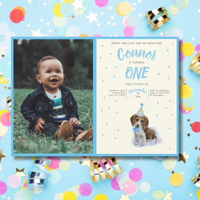Convites Pura 🐶 Bicho de Caça Primeiro Aniversário (Pure Puppy 🐶 Basset Hound First Birthday Boy Invitation)