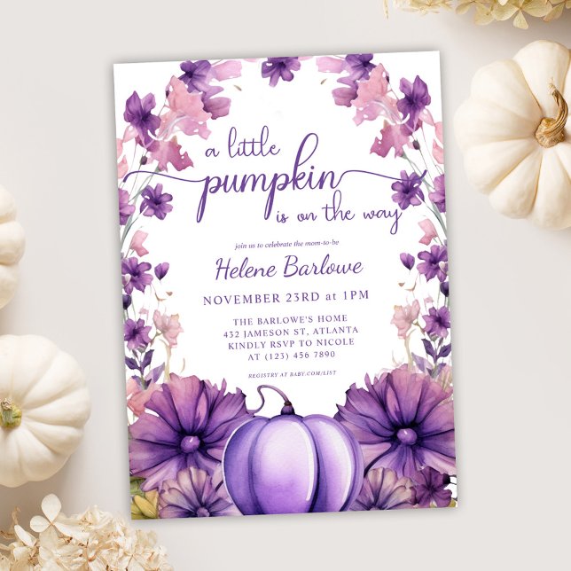 Convites Puro Um Pequeno Chá de fraldas De Abóbora (Purple A Little Pumpkin Baby Shower Invitation)