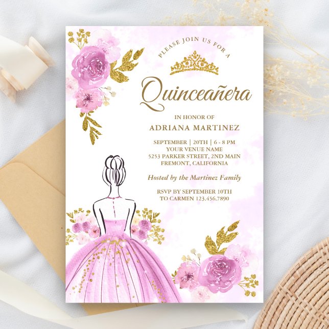 Convites Puro Vestido Floral Princesa Dourada Quinceanera (Criador carregado)