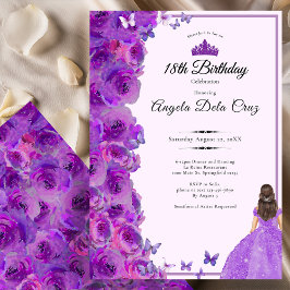 Convites Purple 18th Birthday Roses and Dress Debut