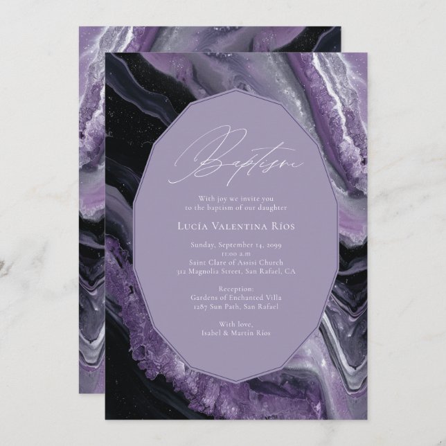 Convites Purple Agate Modern Baby Christening Baptism (Frente/Verso)