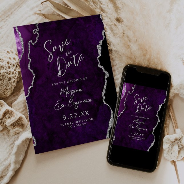 Convites Purple Agate Silver Script Wedding Save the Date (Criador carregado)