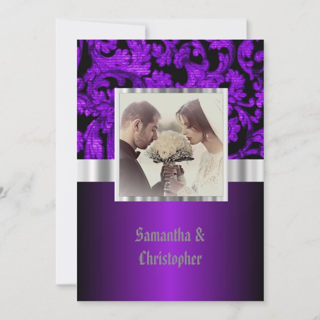 Convites Purple and black gothic wedding photo invitation (Verso)