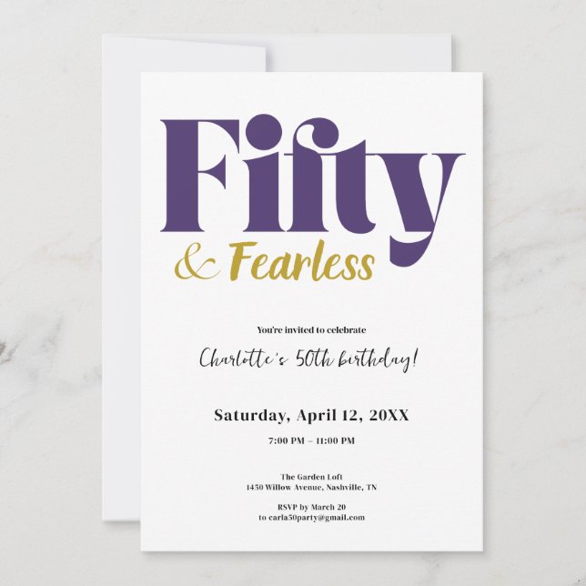 Convites Purple and Gold Fifty & Fearless 50th Birthday (Frente)