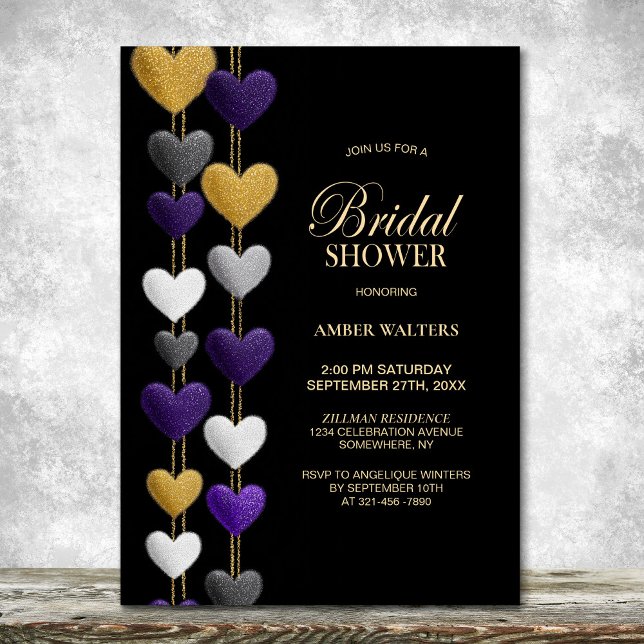 Convites Purple and Gold Hearts Bridal Shower (Criador carregado)