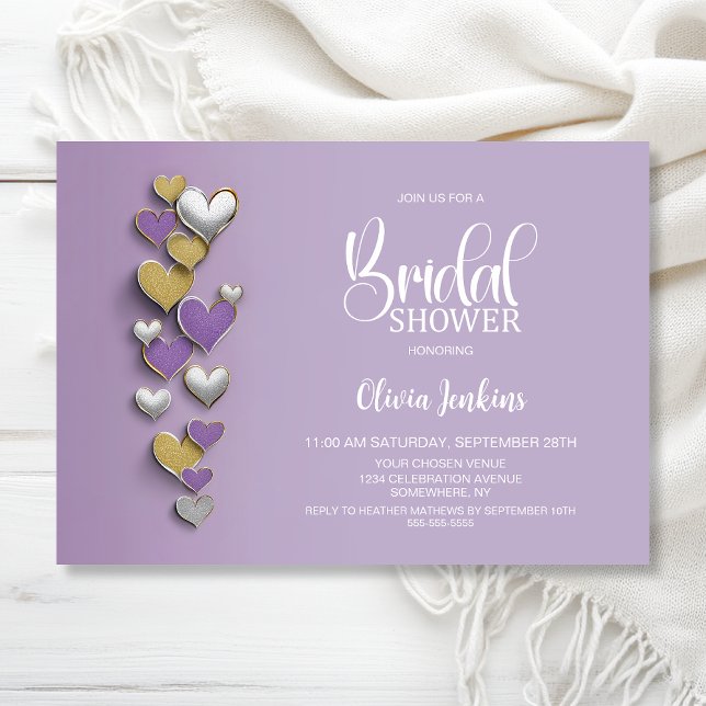 Convites Purple and Gold Hearts Bridal Shower (Criador carregado)