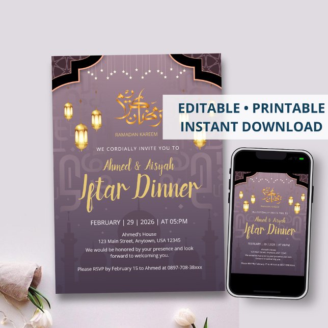 Convites Purple and Gold Islamic Lanterns Iftar Invitation (Criador carregado)