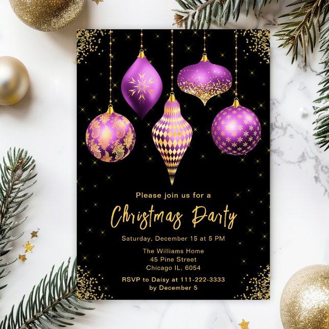Convites Purple and Gold Ornaments Christmas Party (Criador carregado)