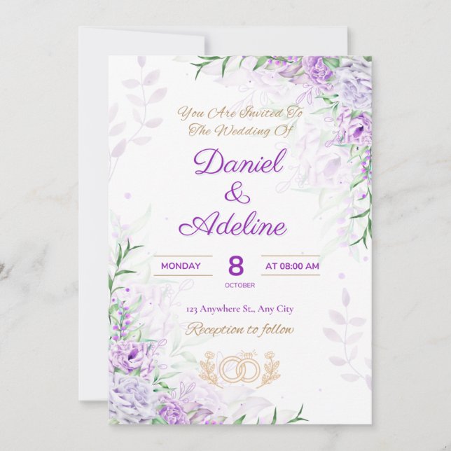 Convites Purple and Green elegant wedding invitation (Frente)