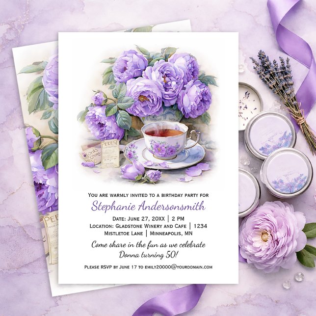Convites Purple and Lavender Peonies Tea Cup Birthday Party (Criador carregado)