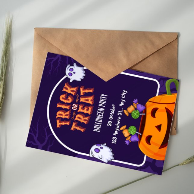 Convites Purple And Orange Trick Or Treat Halloween Party  (Criador carregado)