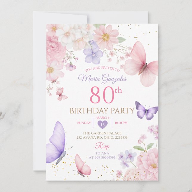 Convites Purple and Pink Floral Butterfly 80th Birthday (Frente)