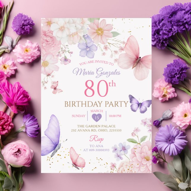 Convites Purple and Pink Floral Butterfly 80th Birthday (Criador carregado)