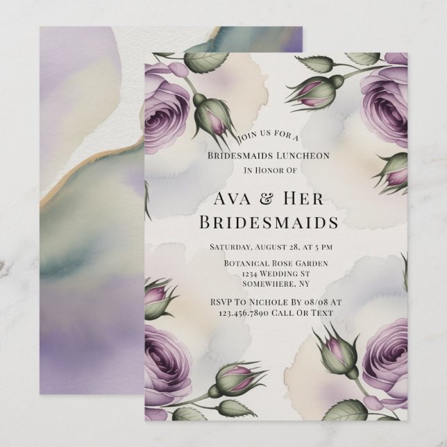 Convites Purple and Sage Green Roses Bridesmaids Luncheon (Frente/Verso)