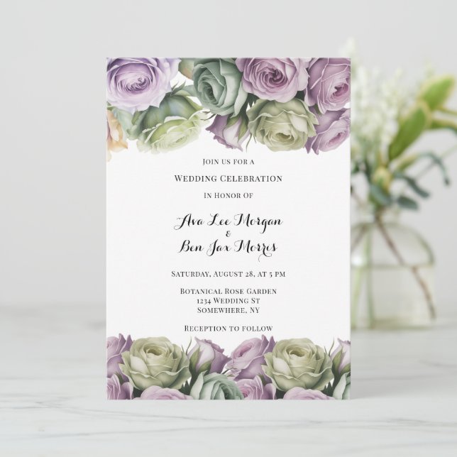 Convites Purple and Sage Green Roses Painted Wedding (Em pé/Frente)