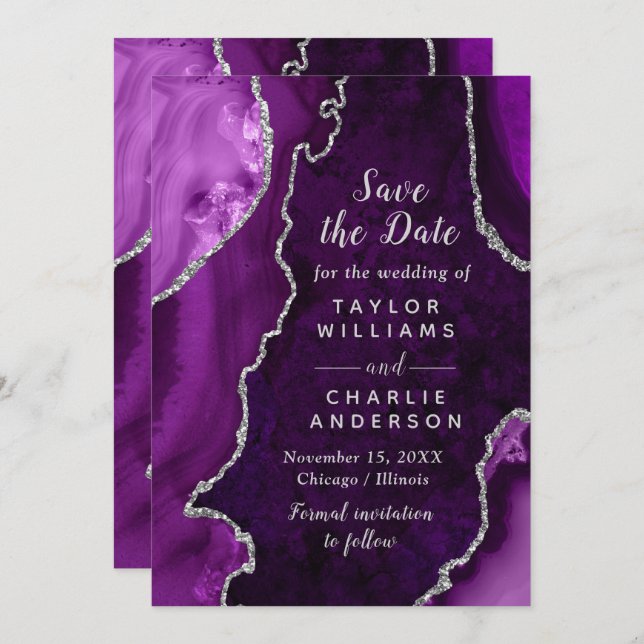 Convites Purple and Silver Agate Marble Save The Date (Frente/Verso)