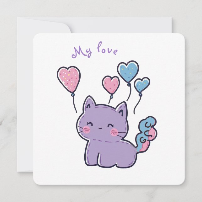 Convites purple anime kitten and hearts (Frente)