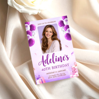 Convites Purple Balloon Photo 40th Birthday for Women