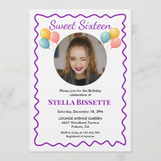 Convites Purple Balloons Photo Sweet Sixteen Birthday