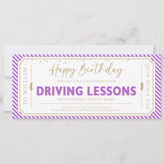 Convites Purple Birthday Driving Lessons Gift Voucher Card (Frente)