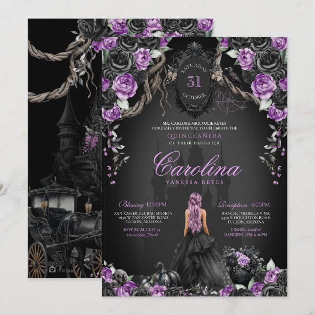 Convites Purple Black Gothene Princess Halloween Quinceañer (Frente/Verso)