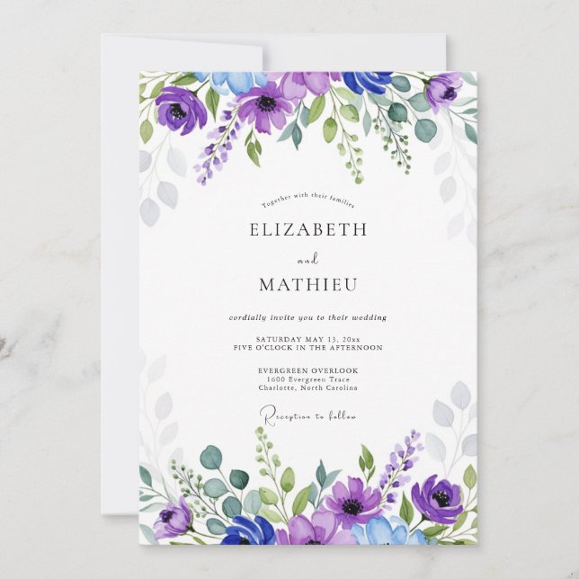 Convites Purple Blue Ethereal Botanical Wedding (Frente)
