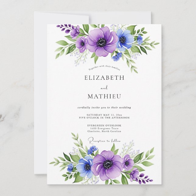 Convites Purple Blue Vibrant Anemone Wedding (Frente)
