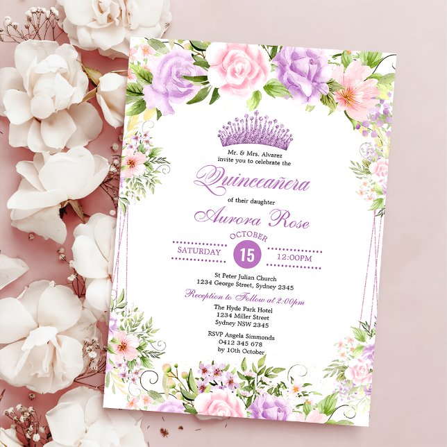 Convites Purple Blush Boho Floral Quinceañera 15 Aniversári (Criador carregado)