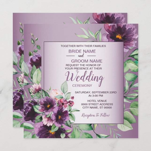Convites Purple Blush Floral Geometric Greenery Wedding (Frente/Verso)