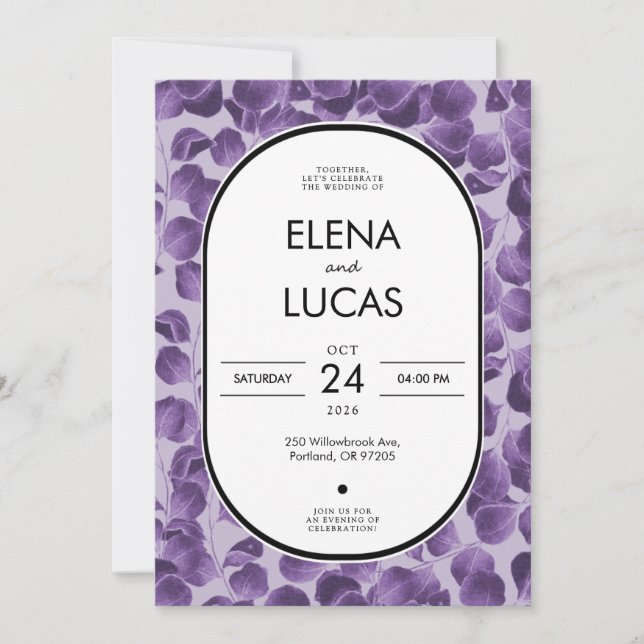 Convites Purple Botanical Eucalyptus Wedding Invitation (Frente)