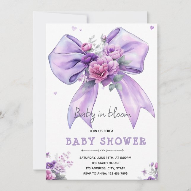 Convites Purple bow baby in bloom invitation (Frente)