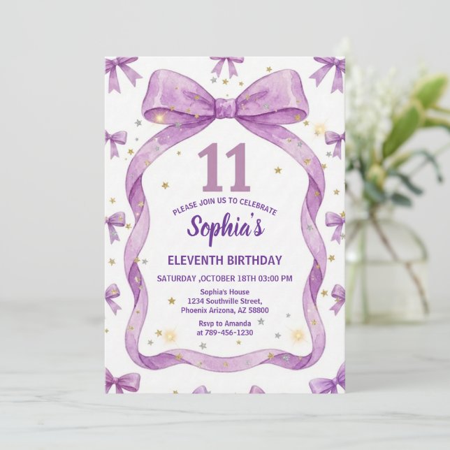 Convites Purple Bow Birthday Invite, Girls 11th Birthday  (Em pé/Frente)