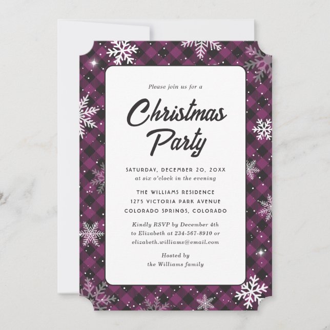 Convites Purple Buffalo Plaid Snowflake Christmas Party (Frente)