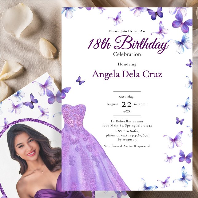Convites Purple Butterflies And Dress 18th Birthday Debut (Criador carregado)