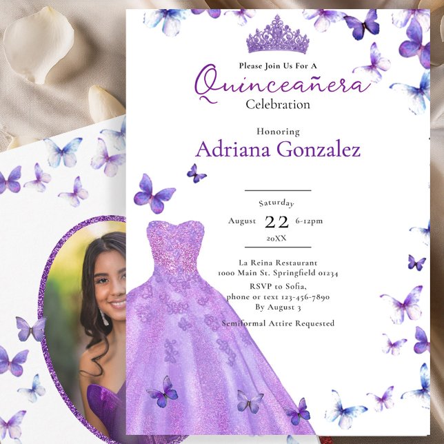 Convites Purple Butterflies Dress Photo 15 XV Quinceanera (Criador carregado)
