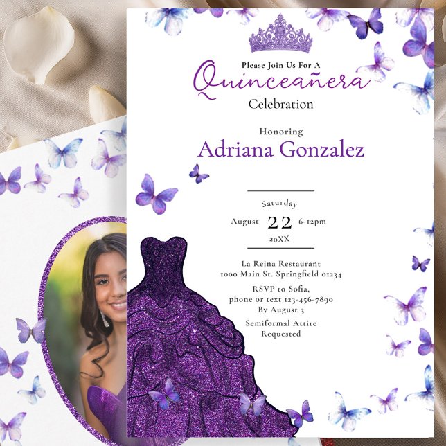 Convites Purple Butterflies Dress Photo 15 XV Quinceanera (Criador carregado)