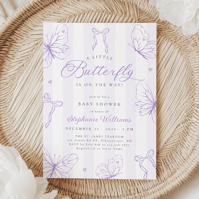 Convites Purple Butterflies & Stripes Baby Shower (Criador carregado)