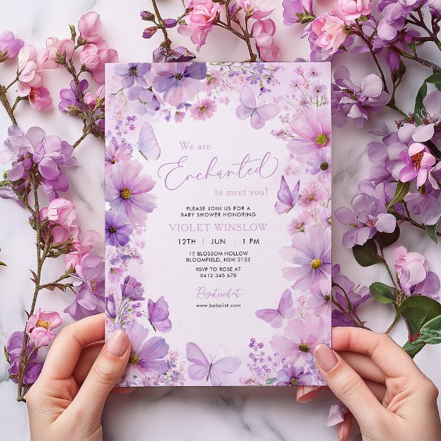 Convites Purple Butterfly Floral Baby Shower Enchanted (Girl Baby Shower Invitation. Enchanted Purple Floral Butterfly)