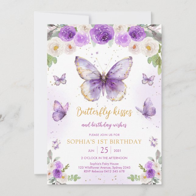 Convites Purple Butterfly Floral Girl Birthday Invitation (Frente)