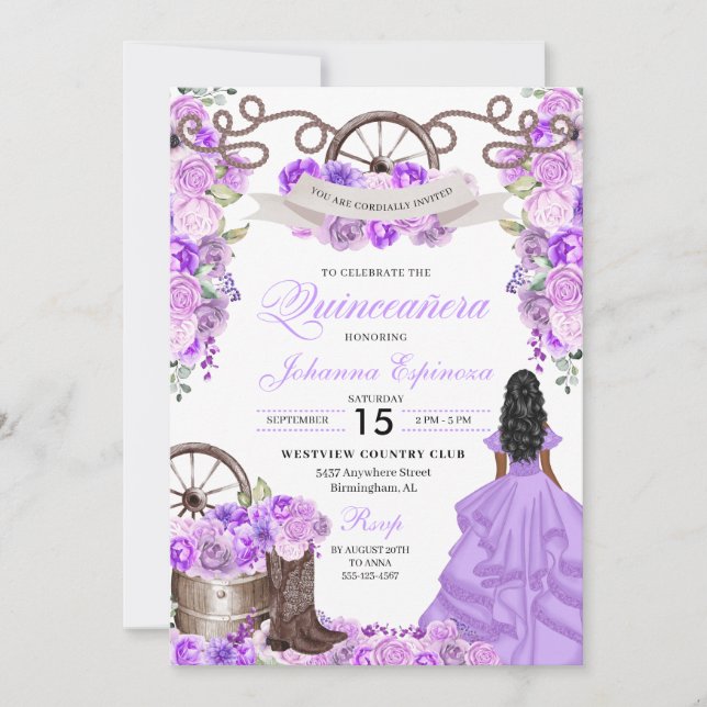 Convites Purple Charra Princess Western Quinceanera (Frente)